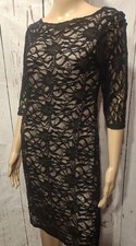 Sequin Sparkle Black Lace Overlay Champagne Lining /4 Sleeve Pencil Dress  14