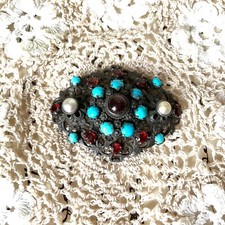 VICTORIAN Silver Brooch Pin BLUE Turquoise Garnets Real Pearls ANTIQUE Broach