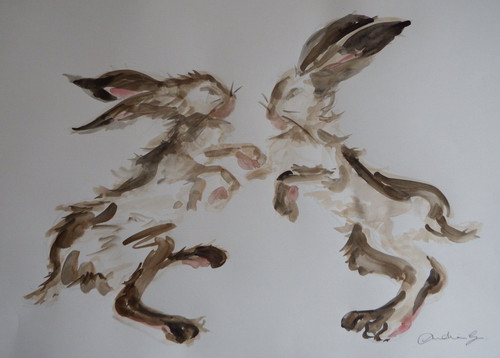 Boxing hares watercolour - ,