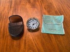 Authentic Tiffany & Co. White Silver Travel Clock Working With Leather Case Used