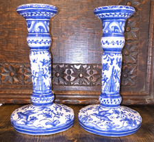 2 X Vintage Filcer Ceramic Portugal Pottery Blue White Hand Painted Candlesticks