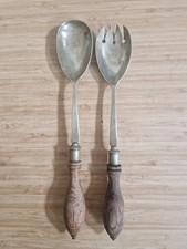 Antique Salad serving fork and spoon silver plated wooden handles , EPNS