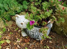 Vintage Cat Flower Pot Planter, Cement Antique -Salvaged Look, Indoor or Outdoor