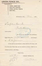 U.S. UNION FENCE CO. De Kalb, Ill. 1902 Farm,Lawn, Post&Rail Paid Invoice  45339