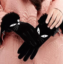 Black Leather Cat Gloves with Faux Fur Trim From Alice Hannah