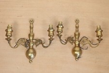 Pair of Brass Wall Lights Sconces Flemish Hollywood Regency Style Double Arm 9"