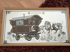 Good Quality Large 1970's Picture Mirror - Traditional Romany Wagon &  Horses