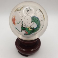 Reverse Painted Chinese Glass Globe Ball Dragons Dragon on Wood Base Stand