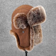Winter Vintage Men's Trapper Hat Cap Ski Russian Cossack Faux Fur Suede Leather