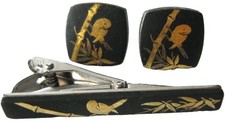 Japanese Damascene Gold Silver & Black Etched Painted Cufflinks & Tie Pin
