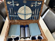 Vintage Brexton 4 Person Wicker Picnic Basket Plates Cups Cutlery Boxes. 