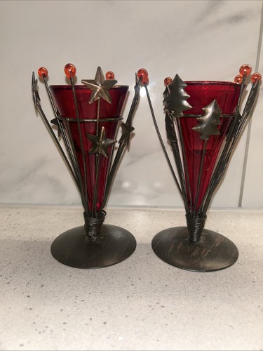 Vintage brass red glass - brass,