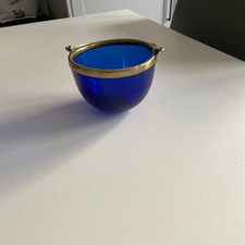 Blue Cobalt Glass & Metal Rim/Handle Bowl. Hallmark J K & C Vintage/Antique