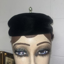 Mid Century Black Velvet Pillbox Hat  