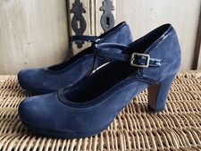 CLARKS ARTISAN CHORUS TEMPO BLUE SUEDE T BAR MARY JANE SHOES HEELS SIZE UK 5.5 D