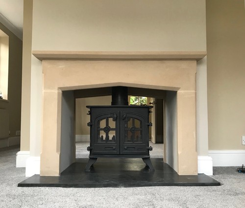 Stone fireplace mantel - fireplace,