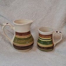 Dragon Pottery Rhayader Wales 13.5 cm Jug & 10 cm Mug Green Brown Cream Pattern
