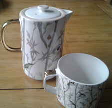 Next Chinoiserie Birds Coffee/Teapot & Coffee/Tea Cup Set for 1. Pink/Grey/Gold