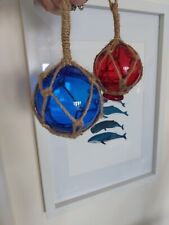 Set of 2 8cm & 5cm Blue Red Glass Buoy Fisherman Ball Float Rope Fishing