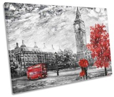 London Bus Big Ben Floral Print CANVAS WALL ART Picture Red
