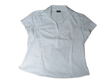 Womens Blouse UK 20 White Work Wear Cap Sleeve Collarless Deep V Neck Button