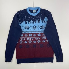 MANCHESTER CITY Jumper Small Blue Men's Seasonal Knit Pattern Christmas Festive