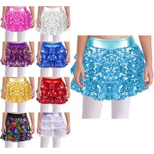 UK Kids Girls Sequins Jazz Dance Mini Skirt Hip Hop Salsa Samba Ballet Dancewear