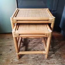 Vintage Mid Century Nest Of 2 Bamboo Cane Wicker Coffee Side Tables Plant Stand