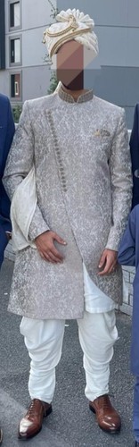 Men silk silver sherwani 4pc - men's,