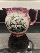 Grays Pottery Antique Pink Lustre Jug With Ship Decoration 13 cm Tall - VGC