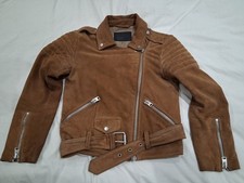 All Saints Women’s Biker Jacket Tan Brown size UK4 Suede Leather Buckle Zips