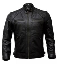 Men's Black Biker Leather Jacket Motorcycle Style Slim Fit Quilted Retro