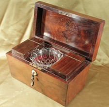 ANTIQUE REGENCY ROSEWOOD TEA CADDY 3 COMPARTMENT c1830 , complete.