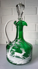 SPLENDID VINTAGE GREEN GLASS DECANTER / JUG - MARY GREGORY STYLE STAG DECORATION