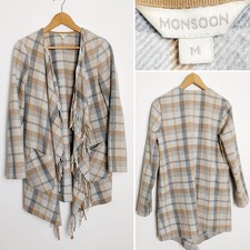 Monsoon Grey Beige Check Tartan Fringed Cape Style Cardigan Jacket Size Medium