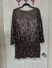 Zara Burgundy Silver Sequin Tassle A Line Shift Dress - Size Small 