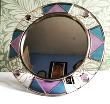 Lovely Vintage Circular Mirror With Stained Glass - Easel Back Or Wall Mountable