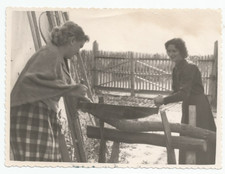Photo Girls Harvesting firewood Hand saw Soviet life Fashion Vintage