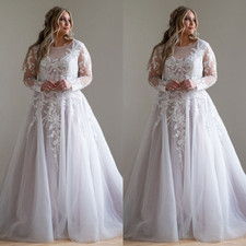 Plus Size Wedding Dresses Elegant Long Sleeves Lace Tulle Bridal Gowns
