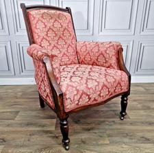 Antique Victorian Armchair - Upholstered Damask Fabric - Mahogany Frame Castors