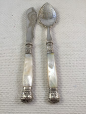 Vintage ornate Jam Spoon and Butter Knife set, mother of pearl handles