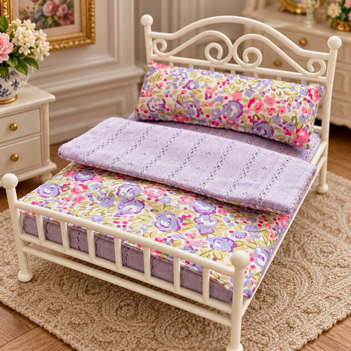 Miniature cream metal bed with - miniature,