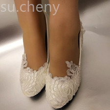 su.cheny White light ivory lace Wedding shoes flat heel wedges bridal size 5-13