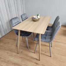 Rectangle Oak Effect Kitchen Dining Table With 4 Grey Velvet Tufted Chairs Set