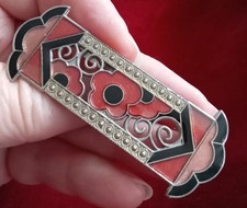 Vintage Pierre Bex Style Red Flower Enamel, Gold Swirls Art Deco Bar Brooch Pin