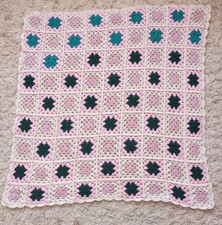 Vintage crochet blanket pink handmade throw Afghan granny square cot boho retro
