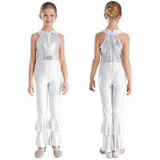 UK Girls Sequin Gymnastics Leotard Dance Ruffle Flared Pants Jumpsuit Full Body