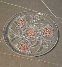 Vintage Pressed Glass Red & Pink Floral Serving Platter Plate Cake Plate