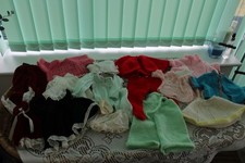BUNDLE VINTAGE  DOLLS CLOTHES VARIOUS SIZES SOME HAND KNITS TO FIT UP TO 16"
