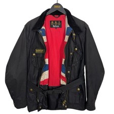 Barbour International A34 Union Jack Wax Jacket A7 Mens Small Black Biker Flag